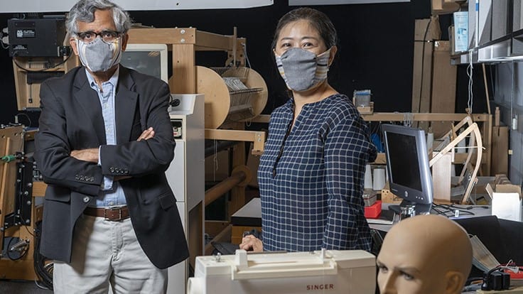 Georgia Tech professor Sundaresan Jayaraman and principal research scientist Sungmee Park wear prototypes of their redesigned face mask.