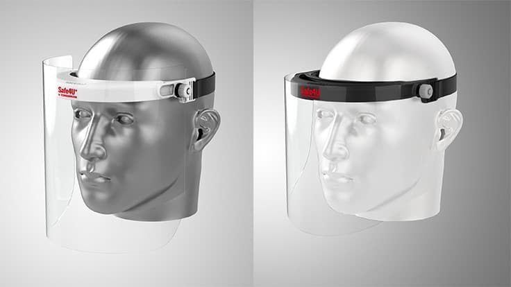 (Left) Tecnoguarnizioni PPE, Safe4U protective face shield (black). The functional prototypes of the visor frame were made by CRP Technology using selective laser sintering and Windform FX BLACK polyamide-based material. (Right) 2.Tecnoguarnizioni PPE, Safe4U+  protective face shield (white). The functional prototypes of the visor frame were made by CRP Technology using selective laser sintering and Windform FX BLACK polyamide-based material.