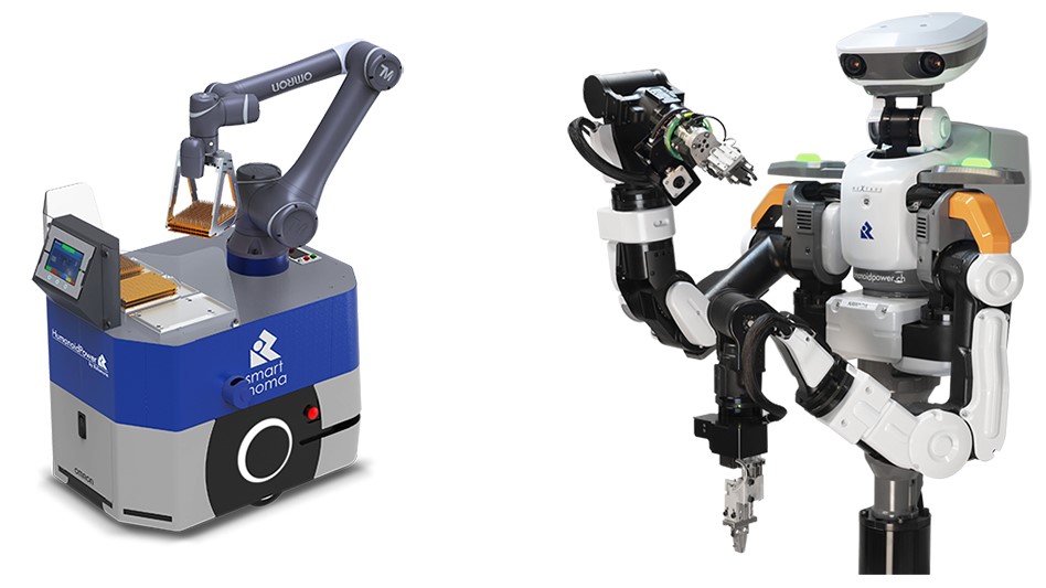 Rollomatic's SmartMoMa AGV with mobile robot and Nextage humanoid robot