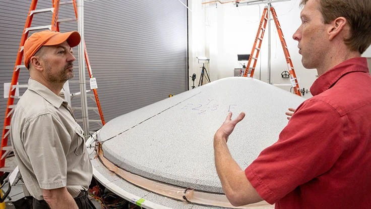 The Lockheed Martin-built heat shield, shown here in the testing phase, is just one component in the final aeroshell that will protect the Mars 2020 rover on its long journey to Mars.