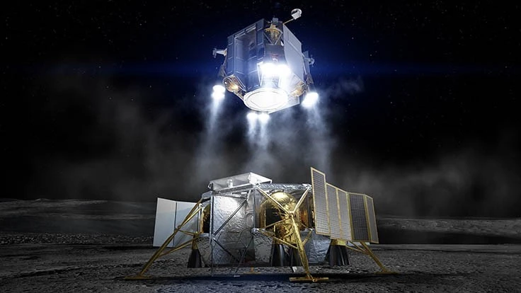Following exploration of the lunar surface by astronauts, the crew lifts off from the moon inside the ascent element in this artist concept, leaving the descent element on the moon. 