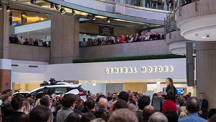General Motors Chairman and CEO Mary Barra addresses the gathering at the Grand Opening of GM World Wednesday, January 17, 2018, in in the center of GM Global Headquarters at the Renaissance Center in Detroit, Michigan. GM is encouraging all employees who can work from home to do so to mitigate the spread of the novel coronavirus that causes COVID-19.