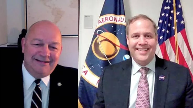 FAA Administrator Steve Dickson (left) and NASA Administrator Jim Bridenstine (right) during the signing of a memorandum of understanding reaffirming the agencies’ longstanding relationship to foster robust American commercial space transportation capabilities.