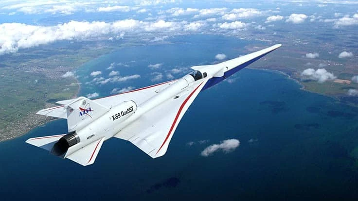 This composite image, which includes an illustration of NASA’s X-59 research aircraft, shows the airplane’s final configuration following years of research and design engineering.