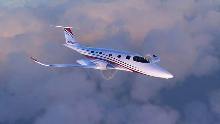 Artist concept of Bye Aerospace’s eFlyer 800 in Jet It livery.