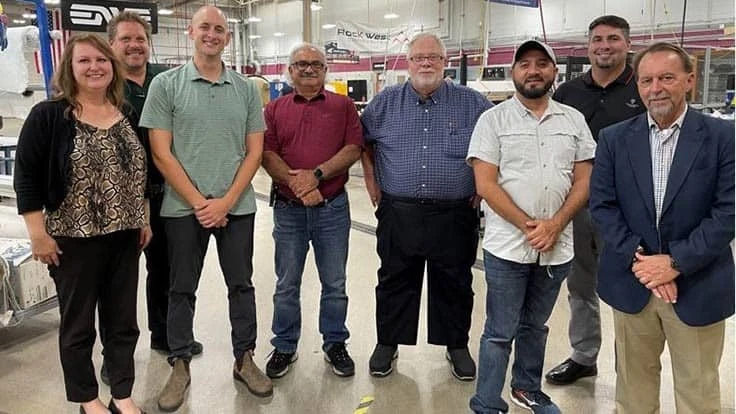 Eastern Florida State College (EFSC) and Space Coast Consortium (SCC) officials receive composites technician training through IACMI at Davis Technical College. From left, are Joannie Harmon (IACMI), Eric Anderson (Davis Tech), Tyler Blevins (IACMI), EFSC Engineering Technology Associate Professor Meer Almeer, EFSC Aerospace and Engineering Instructor Ted Hartselle, EFSC Mechatronics Instructor Jean Paul Aliaga, Wes Hobbs (Davis Tech) and SCC Founder Bryan Kamm.