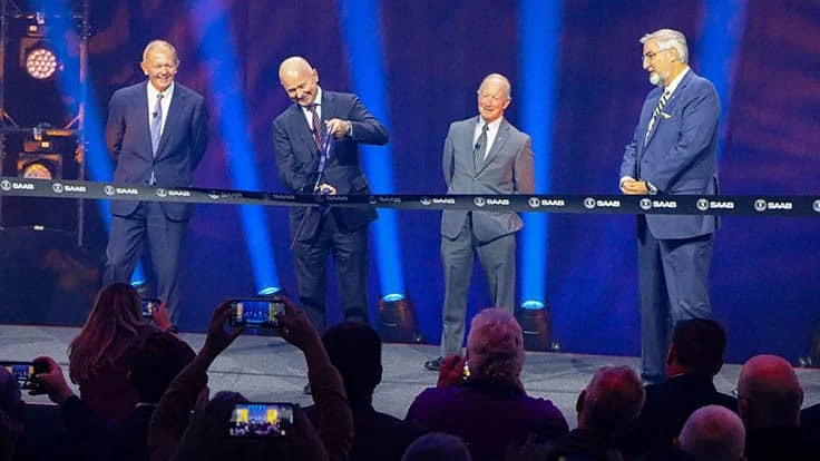 L-to-R Marcus Wallenberg Chairman of Saab Board, Micael Johansson CEO of Saab, Mitchell Daniels President of Purdue University, Gov. Eric J. Holcomb of Indiana.