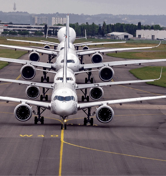 Airbus A220, A320, A330, A350, and Beluga XL taxi for formation flight.