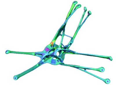 Wall thickness analysis (WTA) on a topology-optimized satellite bracket. The WTA shows the distribution of different wall thicknesses throughout the part.