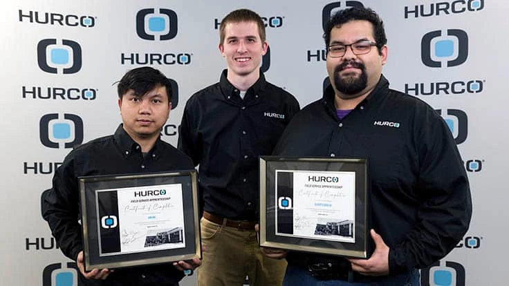Instructor Charley McCaw (center) is pictured with recent Hurco Field Service Apprenticeship (FSA) graduates Van Bik (left) and Gilberto Aguilar (right). 