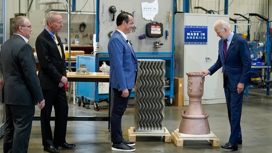 President Biden inspects large, printed aerospace components and meets with senior leadership from Sintavia, Lockheed Martin, and Honeywell (left to right, Frank St. John, COO, Lockheed Martin; Mike Madsen, CEO, Honeywell Aerospace; Brian Neff, Founder & CEO, Sintavia). 