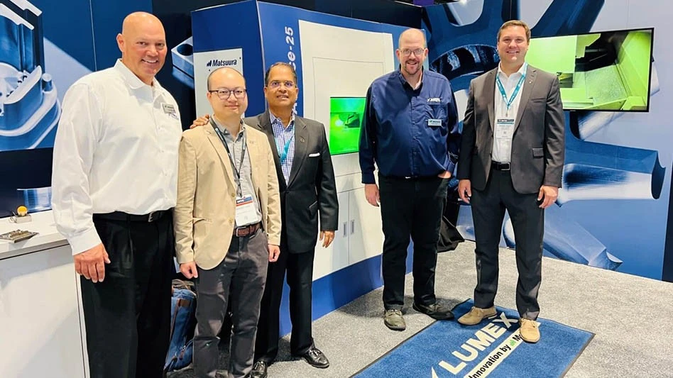 L to R: Tom Houle, Tom Houle, Director, Matsuura LUMEX North America Jingfu Liu, Chief Scientist, Additive Manufacturing at Sentient Science Prof. Ajay Malshe, Ph.D., R. Eugene, and Susie E. Goodson Distinguished Professor of Mechanical Engineering, Purdue University School of Mechanical Engineering Josh Soost, Matsuura LUMEX Application Engineer Michael P. Sealy, Ph.D., Associate Professor, Purdue University School of Mechanical Engineering.