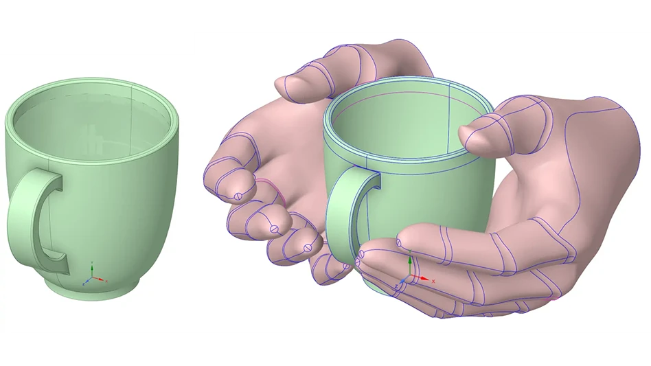 Leveraging SpaceClaim’s geometric generation features, two models were quickly created. The first featured a coffee cup full of your favorite hot beverage sitting undisturbed on a flat surface (Fig. 1A). A helping hand was needed for the second model, which was easily found online, imported into SpaceClaim, positioned into place, and mirrored to give your favorite beverage some extra holiday cheer (Fig. 1B). 