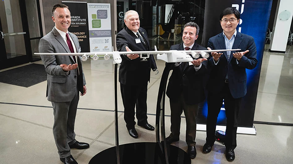 From left are Stratolaunch CEO and president Zachary Krevor, U.S. Rep. Jim Baird of Indiana and Purdue’s Dan DeLaurentis and President Mung Chiang.