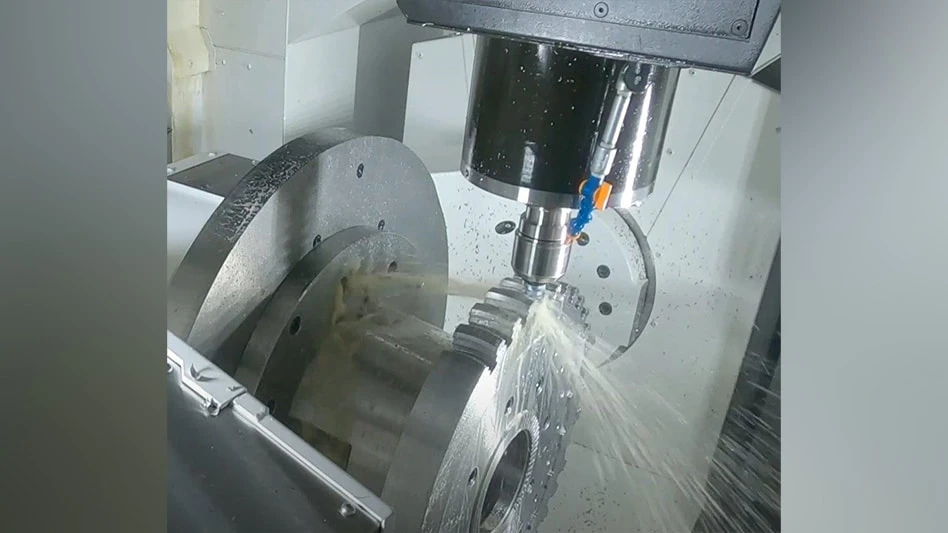 “Pagode” form end mill cutter performing contour finishing on a 5-axis Okuma machining center.