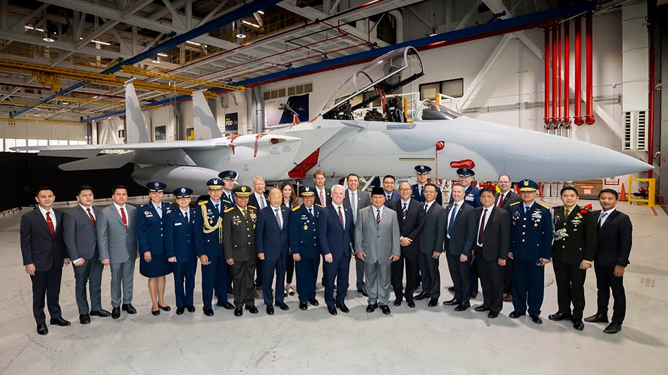 A Republic of Indonesia delegation, led by Minister of Defense Prabowo Subianto (center), shared the country’s commitment to procuring F-15EX during a recent visit to Boeing’s St. Louis facility.