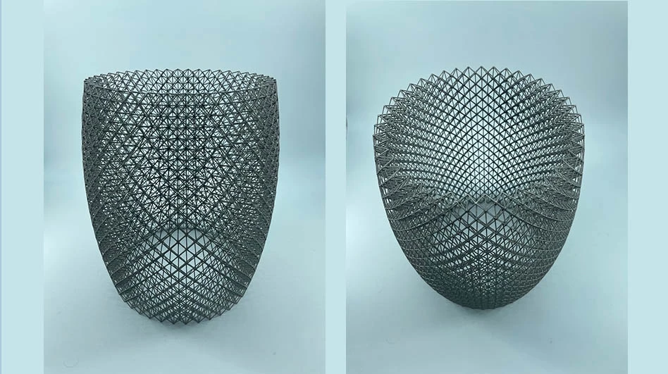 Two views of a large titanium lattice.