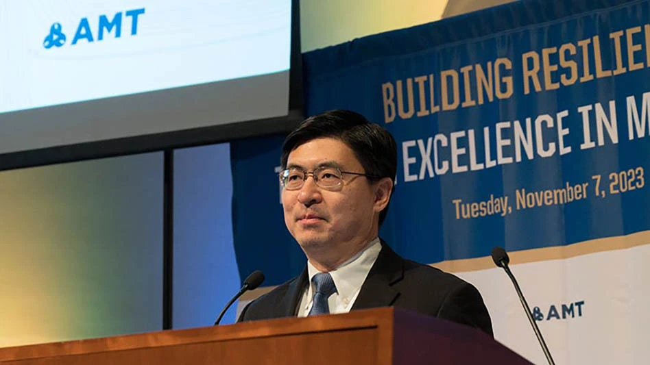 Purdue President Mung Chiang addresses attendees at the advanced manufacturing summit.