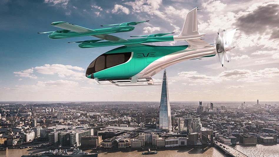 Artist impression of Flexjet Eve flying over London UK.