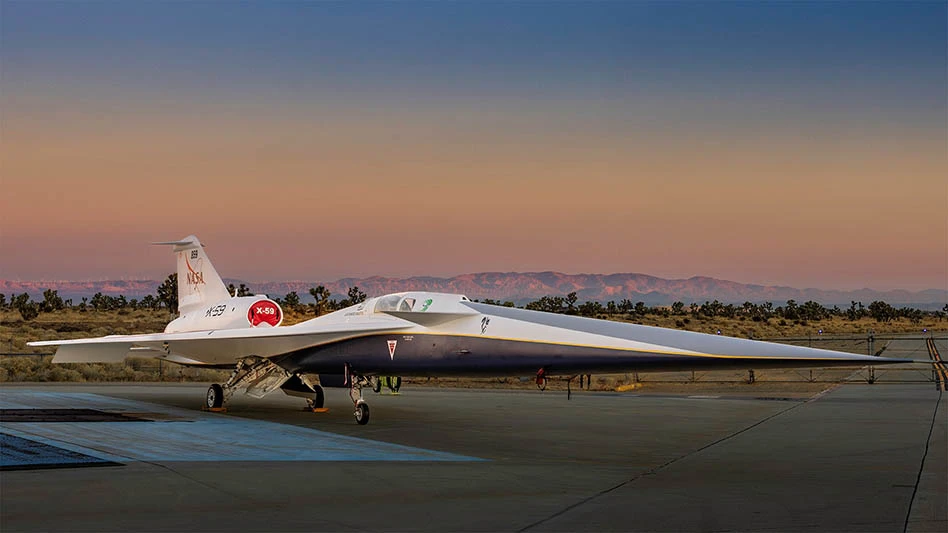NASA’s X-59 outside Lockheed Martin’s Skunk Works facility in Palmdale, California.