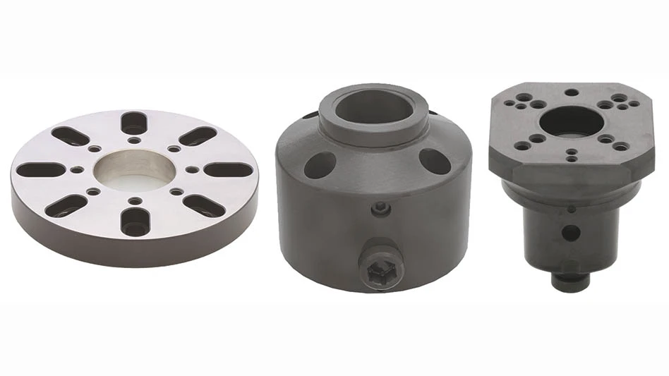 Fixtureworks quick zero setting devices (L to R) mounting plate, base, and holder.