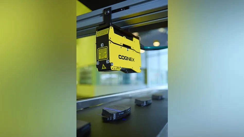 The Cognex In-Sight L38 mounted over an assembly line, inspecting products in 3D.