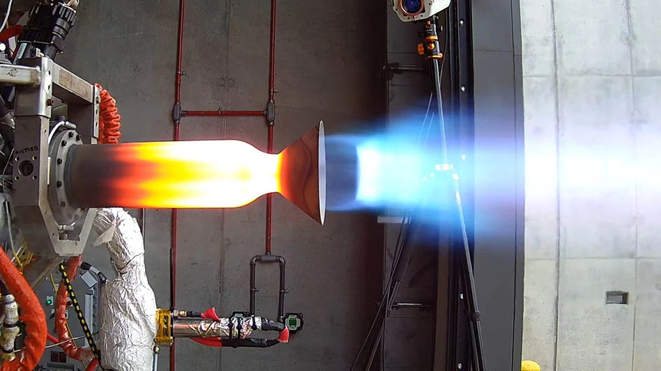 Upper nozzle section undergoing hot fire testing.