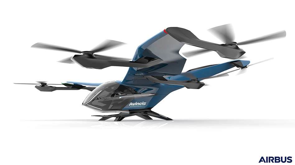 Digital rendering of CityAirbus NextGen with Avincis color scheme.