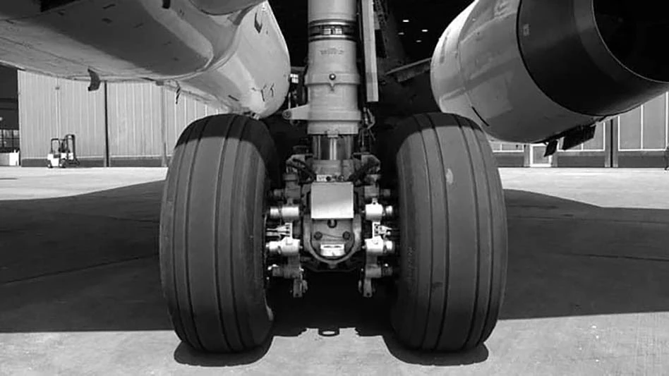 low angle view of jet airplane landing gear