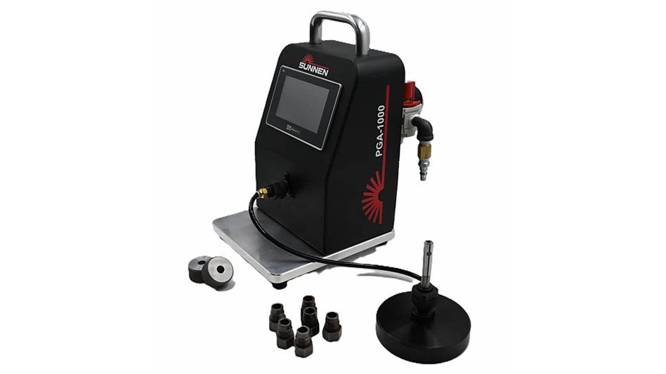 benchtop air gage in black with accessories