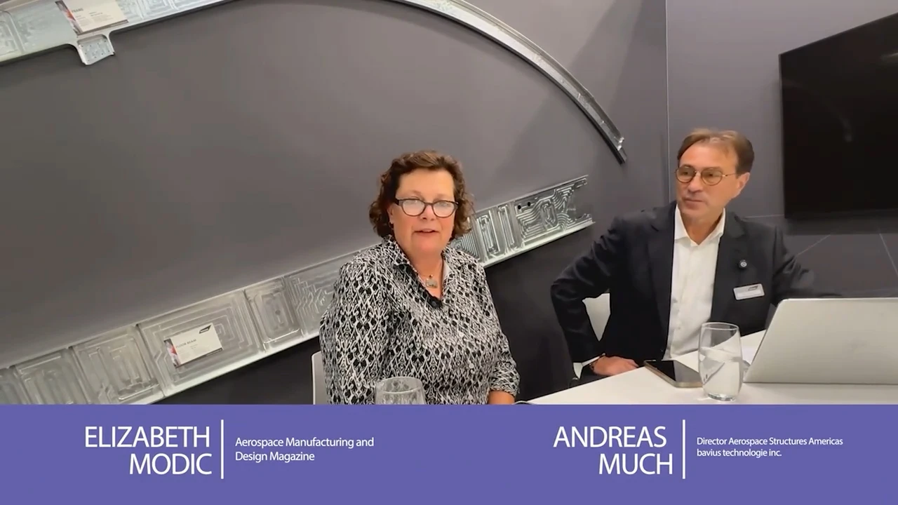 left, elizabeth modic, group publisher, aerospace manufacturing and design; right, andreas much, director aerospace structures americas bavius technologie