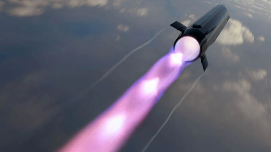 artiist depiction of missile flying with purple shock waves in exhaust
