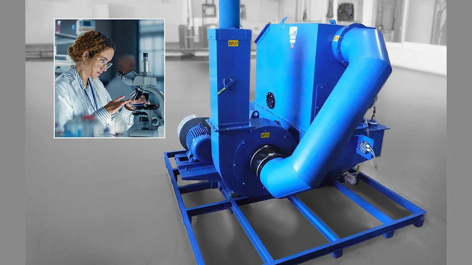 vacuum machine on a skid with inset image of a female technician