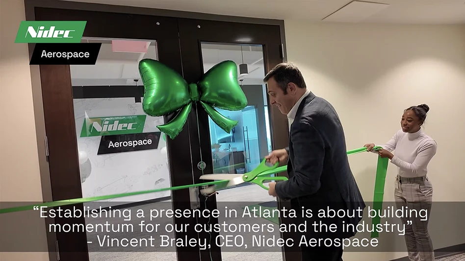 man cutting ribbon on a door with text overprinted