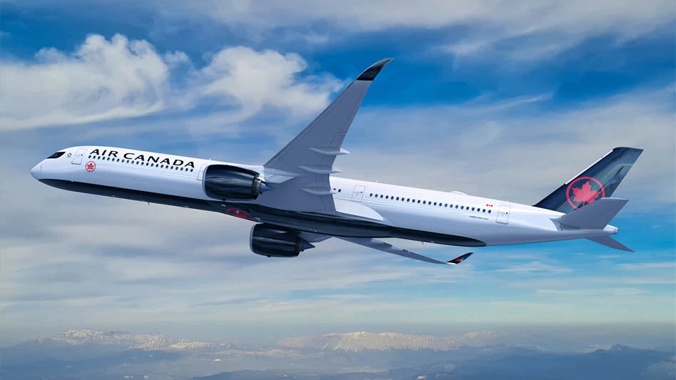 large jetliner in the air with air canada livery