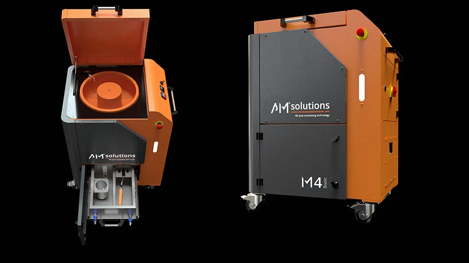 oblique top view and side view of compact vibratory post processor