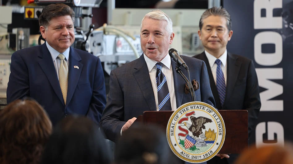 three men standing at a lectern
