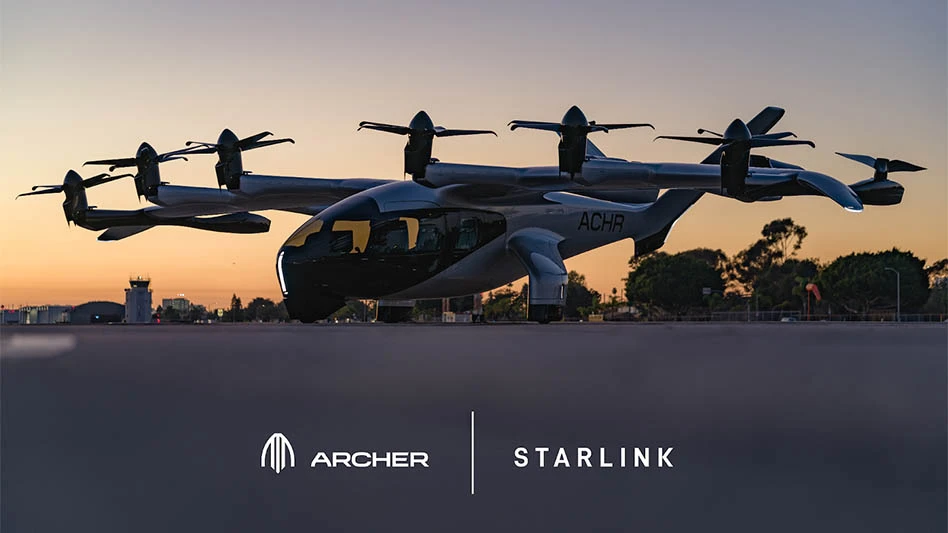 evtol aircraft at dusk with logos superimposed