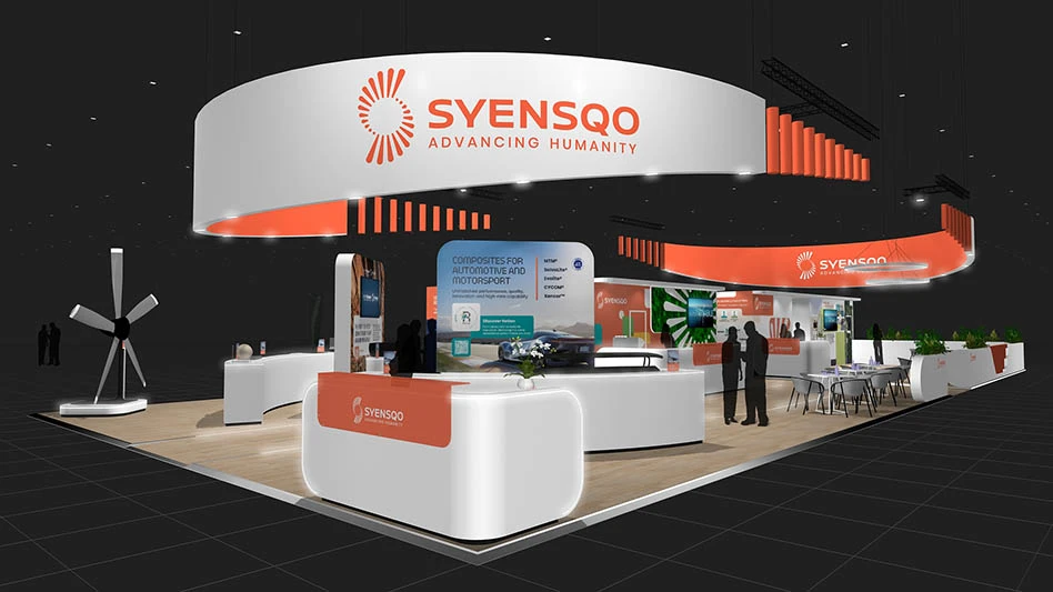 trade show stand three-quarter view