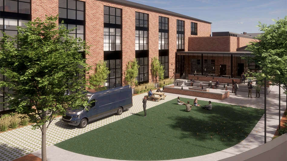 artist rendering of brick building patio